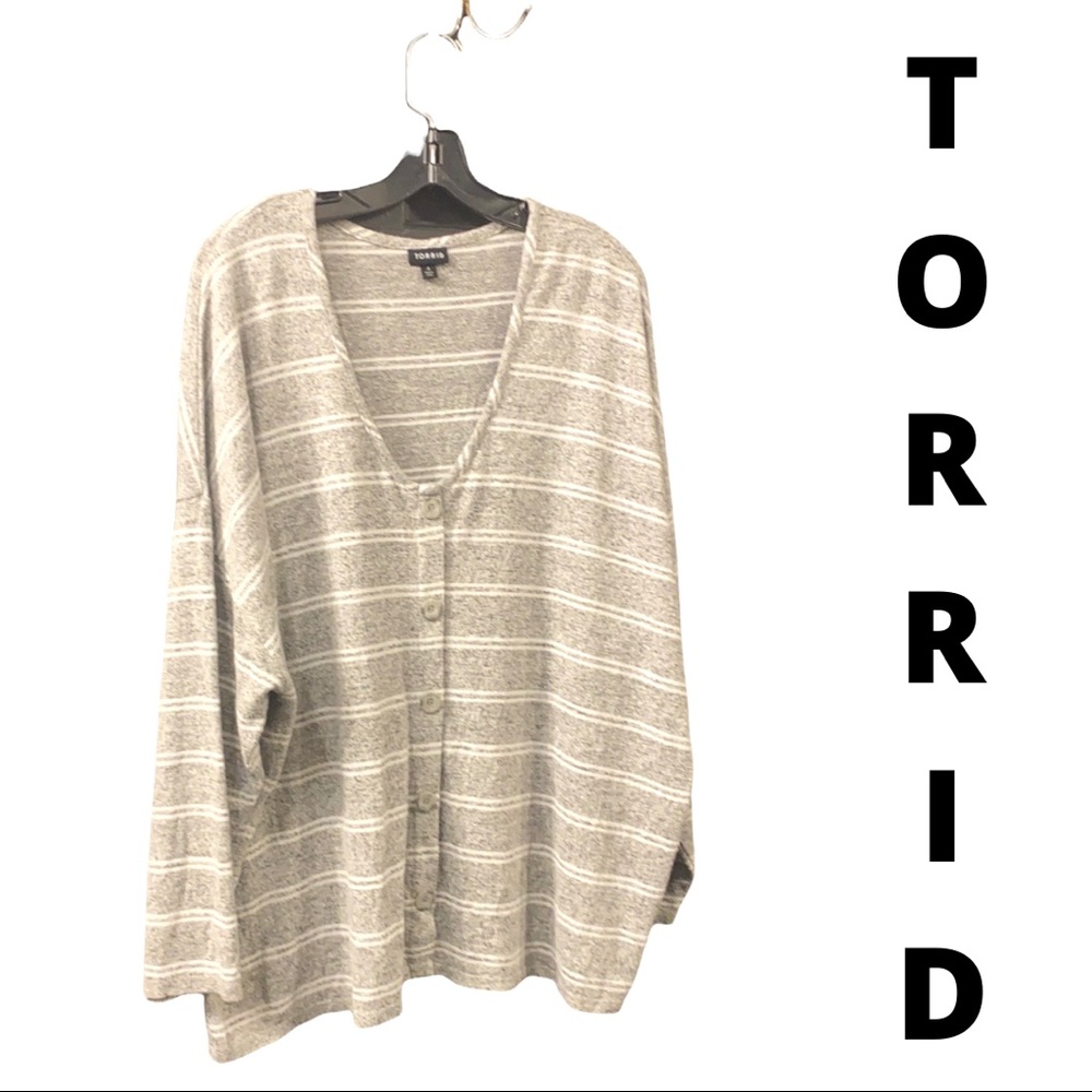 torrid Gray and White Striped Long Sleeve Button Cardigan Top